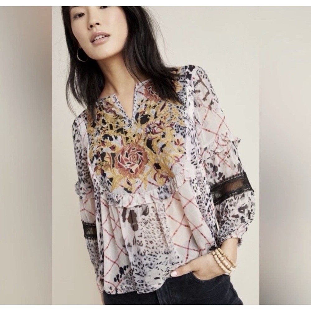 Anthropologie Mathilda Printed Embroidered Blouse Size Small